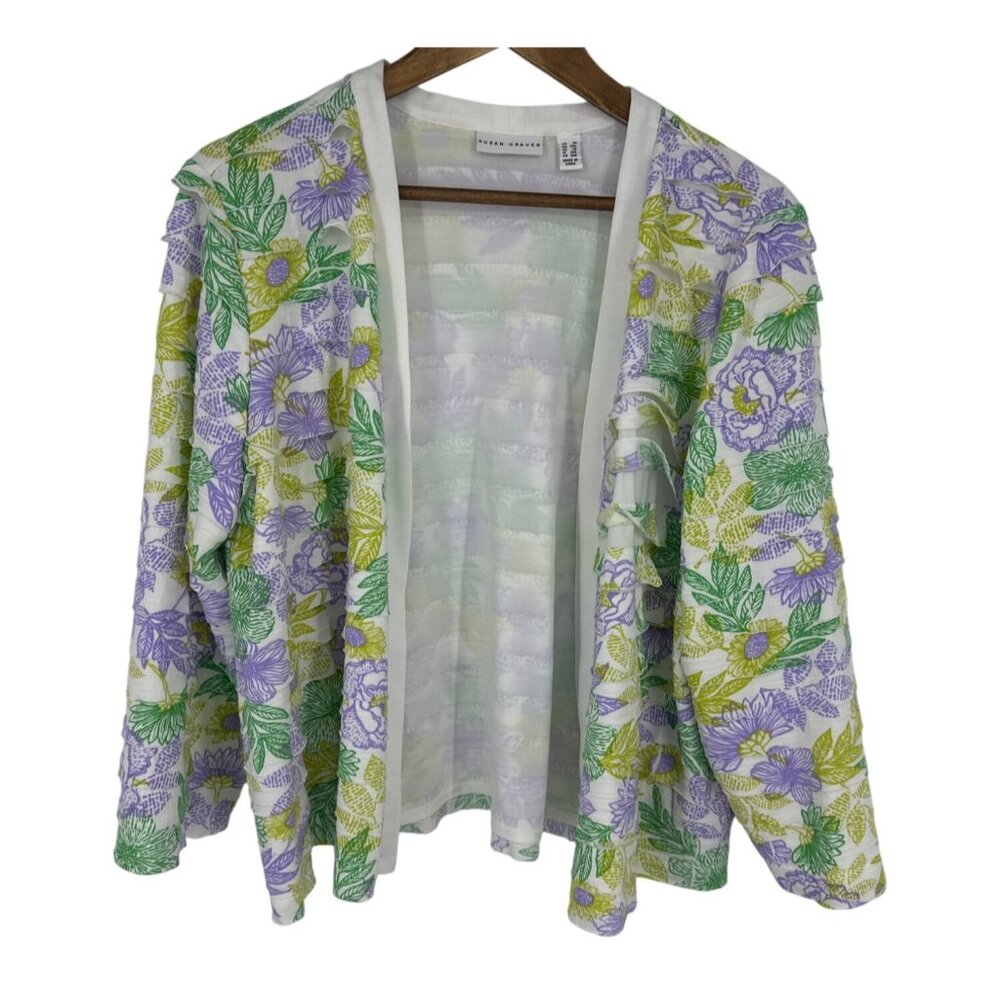 Susan Graver Printed Tiered Ruffle Knit 3/4-Sleeve Open Front Shrug Size 1X